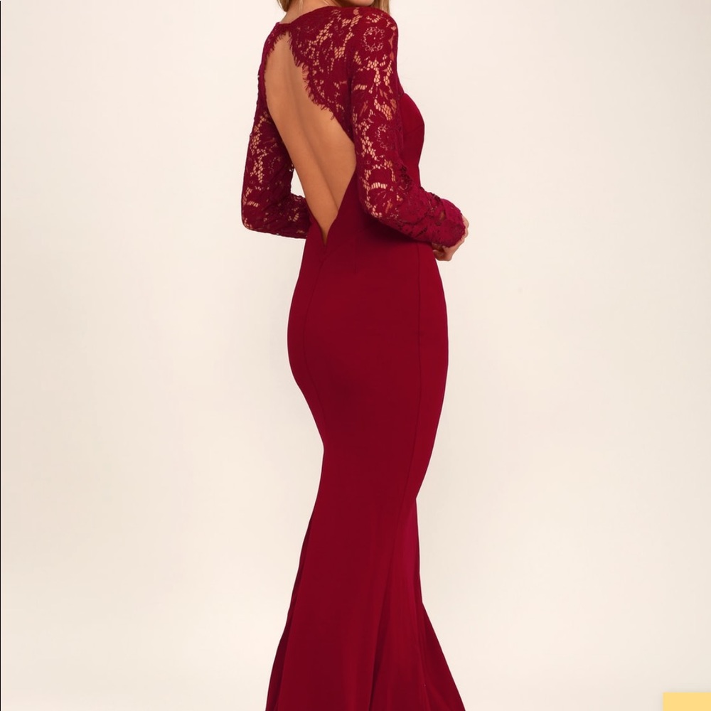 Lulus Whenever You Call Wine Red Lace Maxi Dress